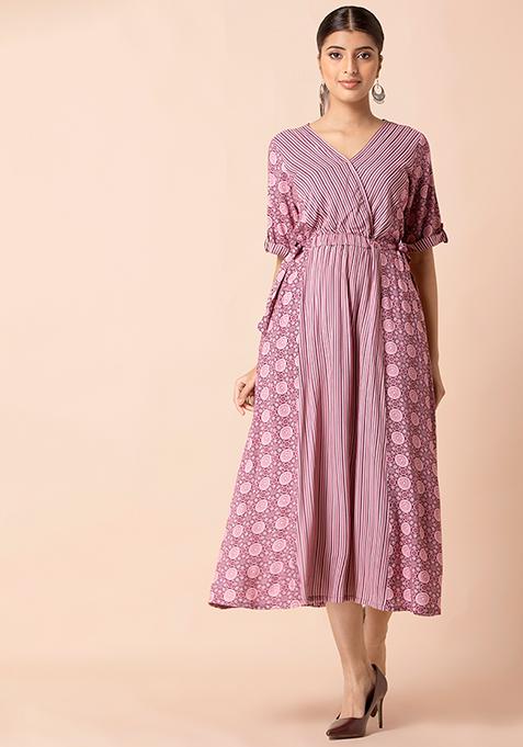Pink Ajrakh Striped Side Tie Angrakha Dress  
