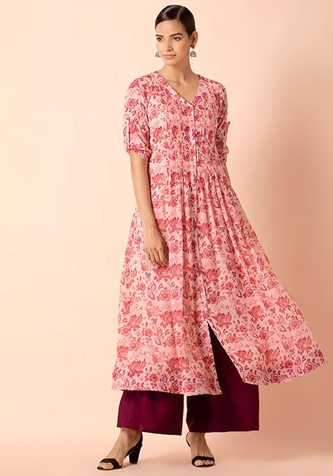 Peach Floral Pin Tuck Maxi Kurta 