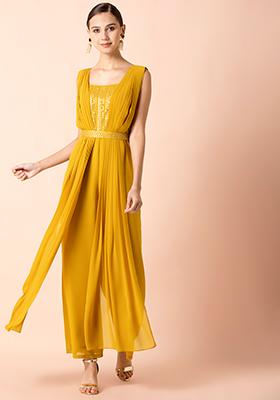 Buy Women Mustard Sequin Double Dupatta Belted Jumpsuit - RTW - Indya