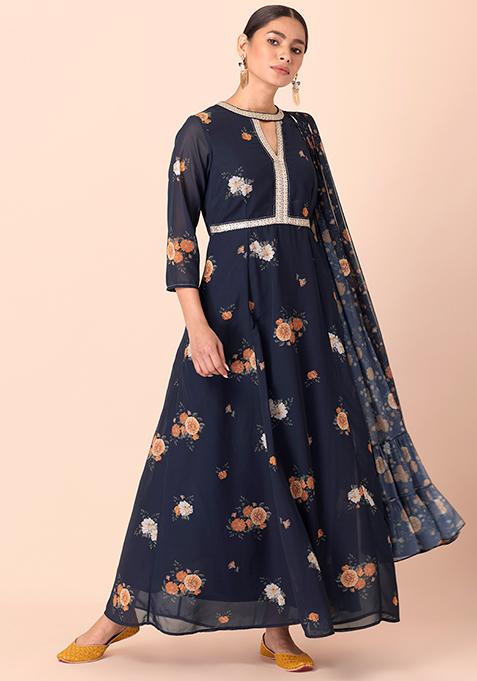 Navy Floral Kurta with Attached Dupatta 