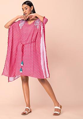 Pink Embroidered Belted Kaftan