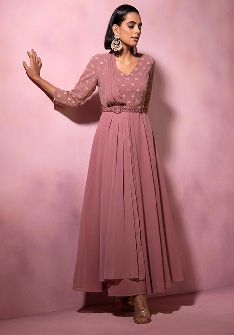 Pink Foil Belted Anarakli Kurta with Attached Dupatta 
