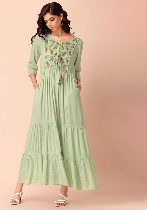 Pastel Green Embroidered Tiered Maxi Kurta
