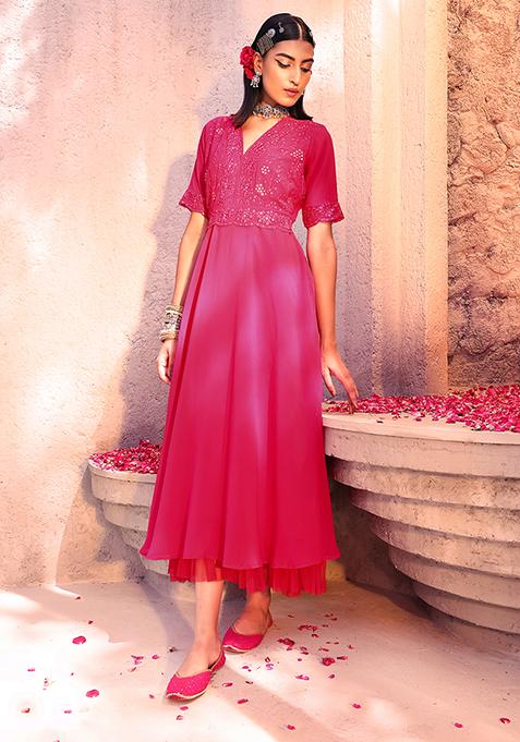 Pink Embroidered A-Line Maxi Kurta 