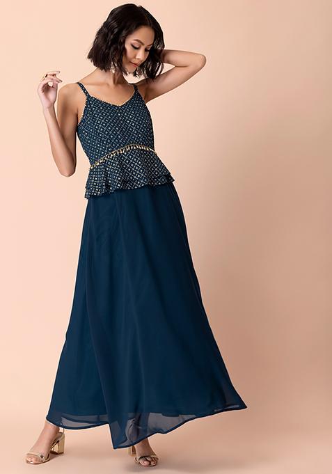 Teal Foil Print And Embellished Kurta