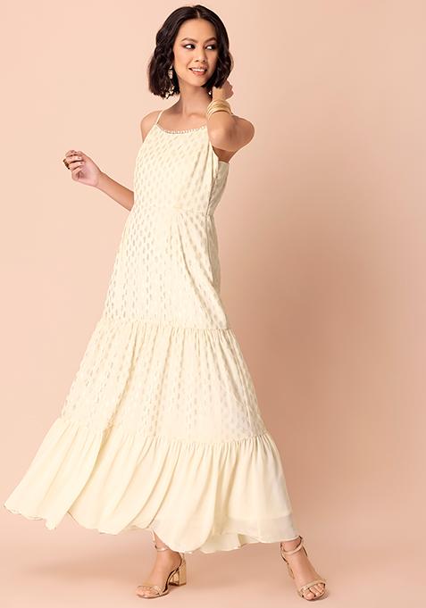 Ivory Foil Strappy Tiered Maxi Kurta 