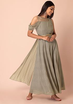 Grey Foil Belted Maxi Kurta with Attached Dupatta 