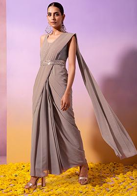 Buy Women Grey Foil Print Pre-Stitched Saree With Attached Blouse - RTW ...