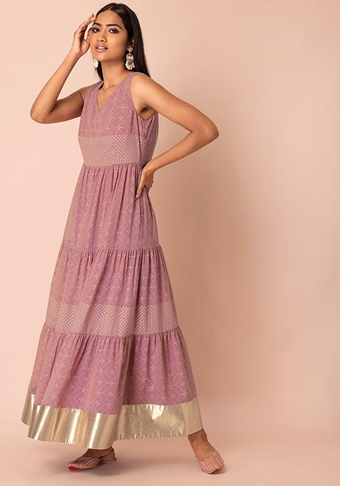 Pink Kantha Print Tiered Maxi Kurta 