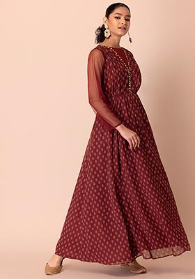 Maroon Dabu Print Maxi Kurta With Belt
