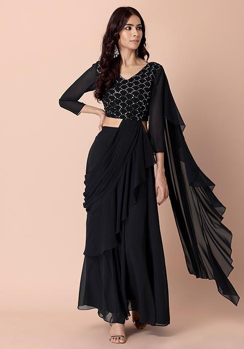 Black Dabu Print Embroidered Pre-Stitched Saree With Attached Blouse