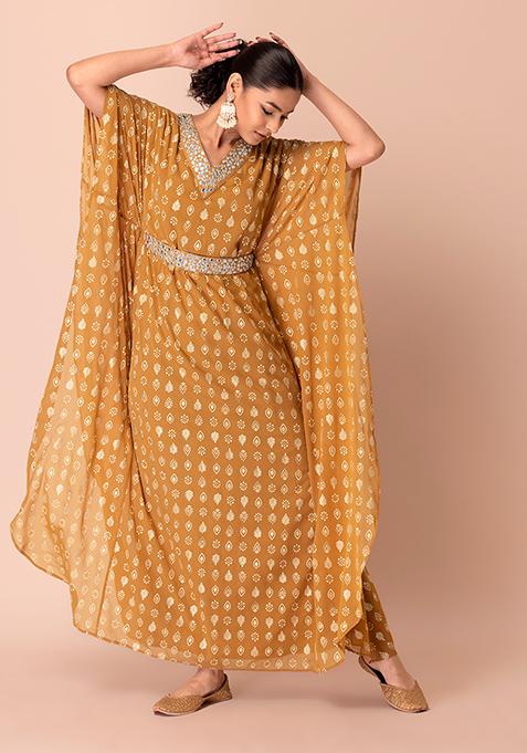 Yellow Dabu Print Kaftan With Belt (Set of 2)