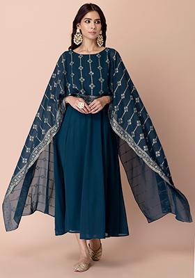 Buy Women Teal Blue Layered Kurta With Foil Print Attached Dupatta ...