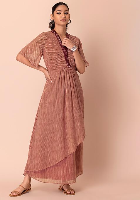 Maroon And Beige Striped Layered Kurta