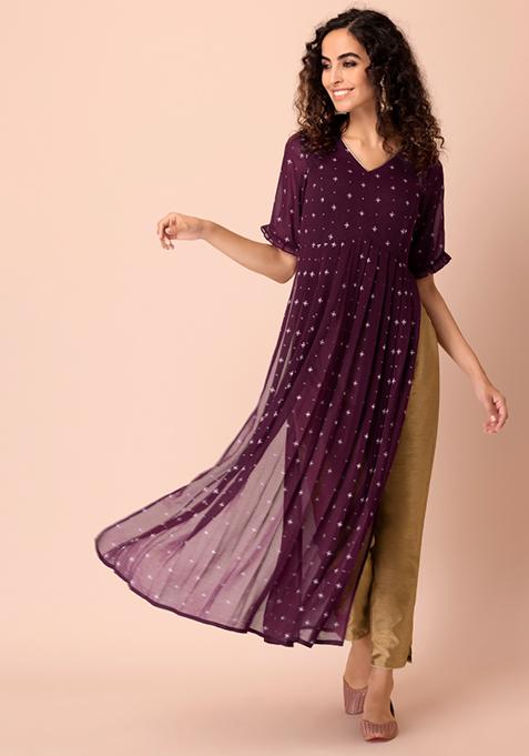 Wine Bandhani Printed High Slit Pleated Kurta 