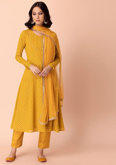 Mustard Yellow Foil Print Churidar Sleeve Anarkali Kurta