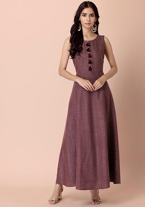Maroon Foil Chevron Flared Kurta 