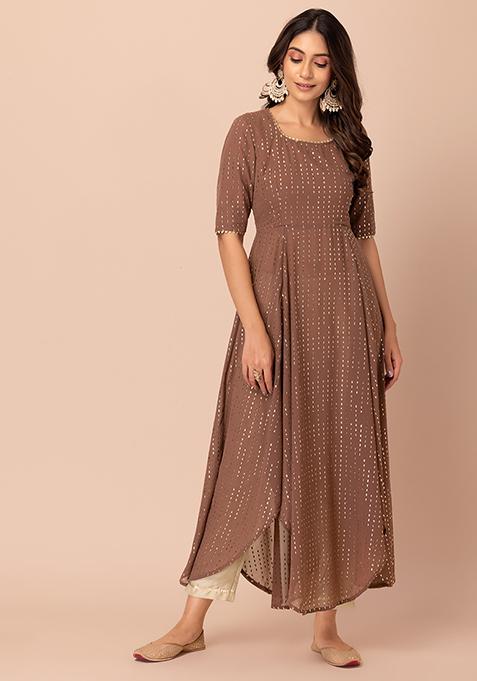 Dusty Pink Striped Foil Print High Low Kurta