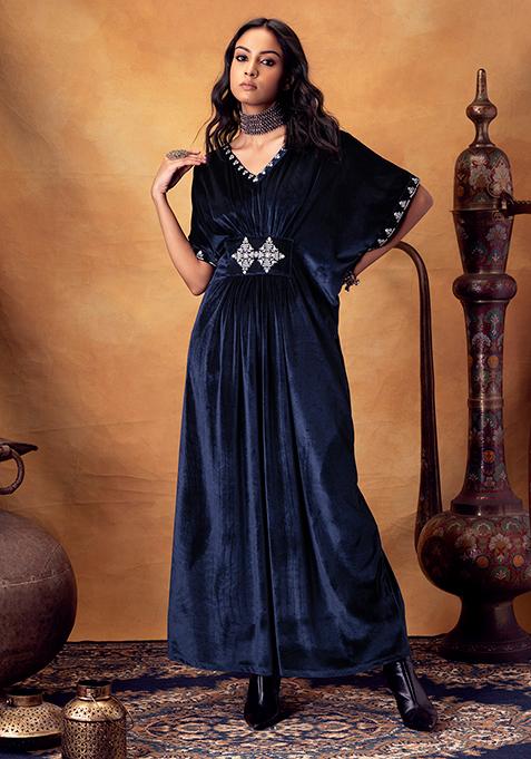 Blue Embroidered Smocked Velvet Kaftan