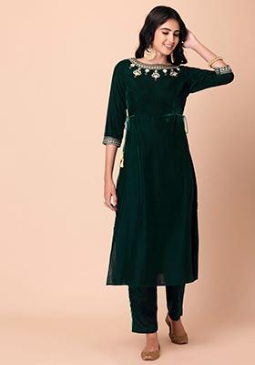 Buy Women Green Embroidered High Slit Velvet Kurta - RTW - Indya