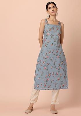 Grey Floral Foil Straight Kurta
