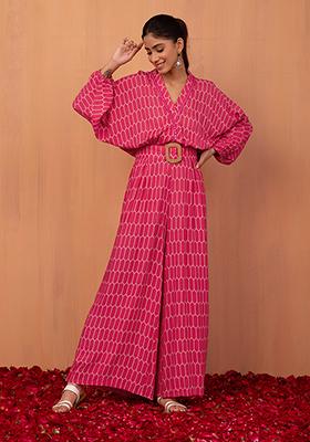 Hot Pink Bandhani Print Jumpsuit With Belt (Set of 2)