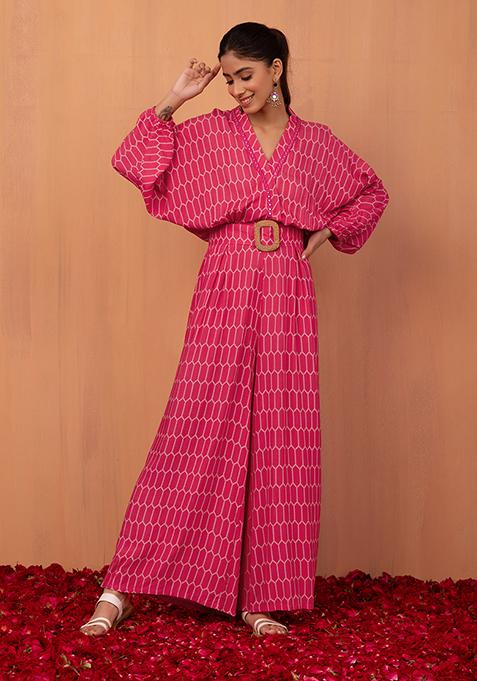 Hot Pink Bandhani Print Jumpsuit With Belt (Set of 2)