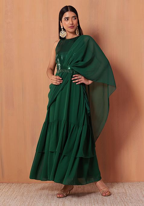 Green Pre-Stitched Saree With Attached Sequinned Blouse And Belt