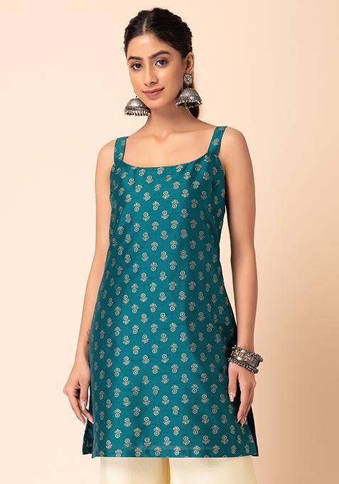 Teal Blue Foil Print Strappy Kurta