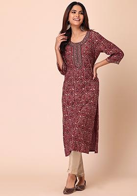 Maroon Ajrakh Print Cotton Frock Style Top – Medium to 2XL main image 1