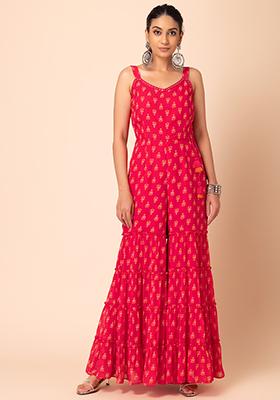 Pink Floral Print Tiered Jumpsuit With Dori Belt (Set of 2)