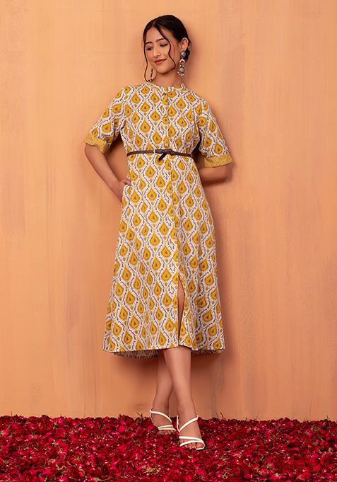 Ivory Ikat Print Cotton Dress With Belt (Set of 2)