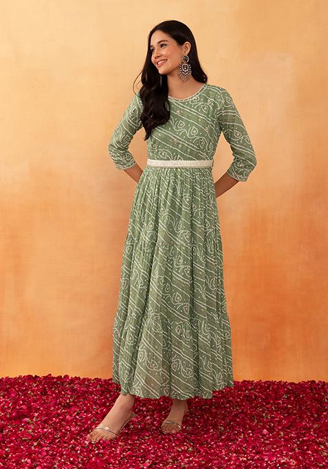 Green Bandhani Print Cotton Dress With Belt (Set of 2)