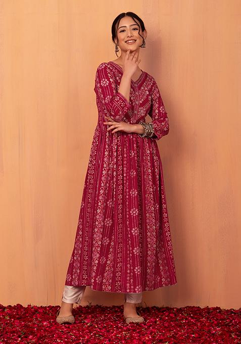 Red Batik Print Anarkali Kurta