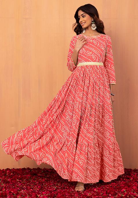 Peach Bandhani Print Cotton Dress With Belt (Set of 2)