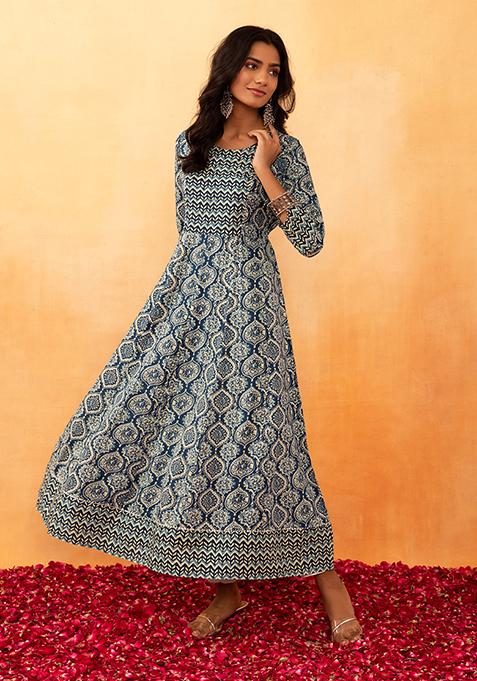 Grey Batik Print Embroidered Rayon Anarkali Kurta