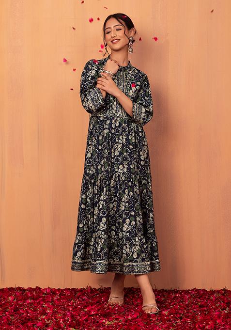 Navy Blue Floral Print Tiered Dress With Belt (Set of 2)
