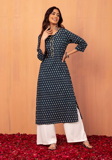 Teal Blue Block Print Cotton Kurta