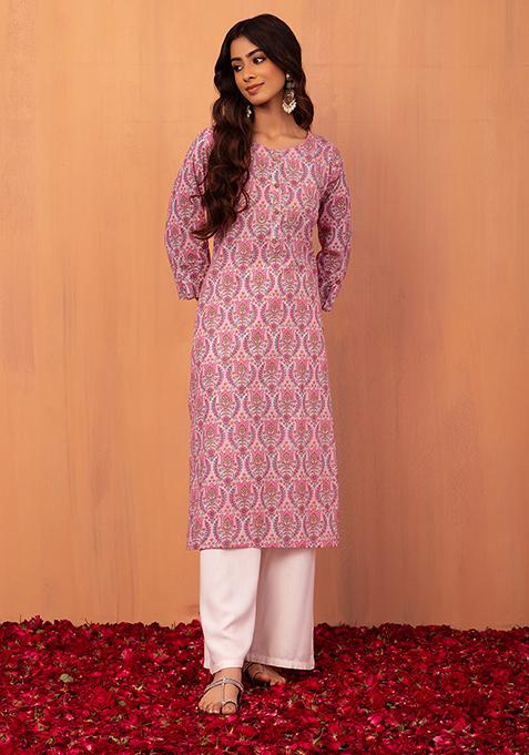 Pink Floral Block Print Cotton Kurta