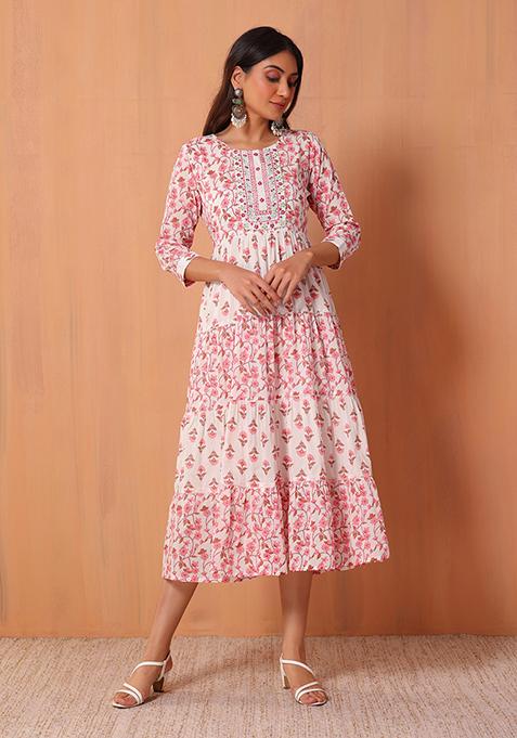 Ivory Floral Block Print Embroidered Cotton Anarkali Kurta