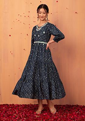 Navy Blue Embroidered Chanderi Dress With Belt (Set of 2)