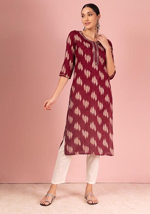 Maroon Leaf Print Embroidered Rayon Straight Kurta 