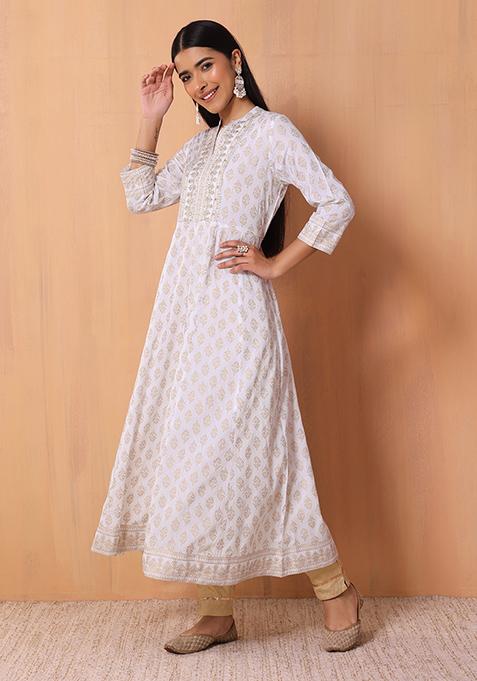 White Foil Print Side Tie Rayon Anarkali Kurta