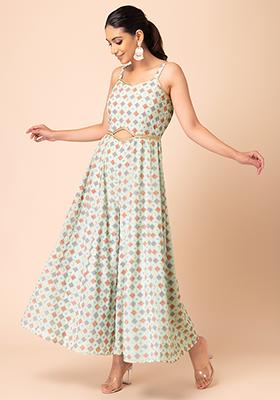 Buy Women Light Green Floral Print Cut Out Waist Jumpsuit - ITN05024 ...