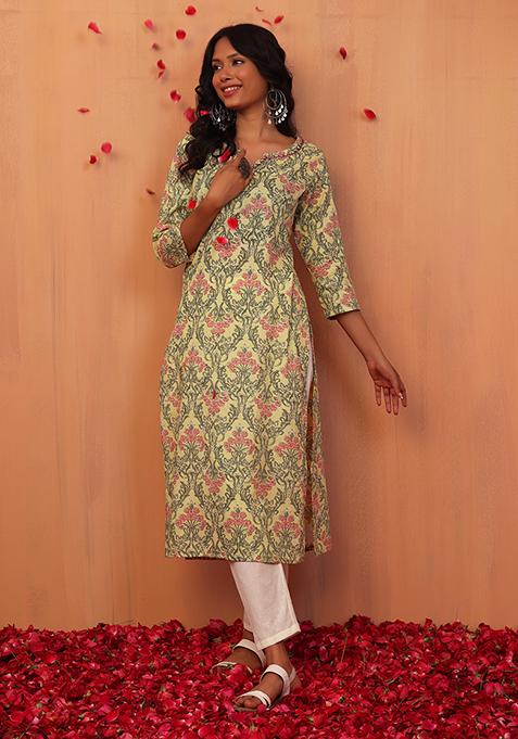 Yellow Floral Print Cotton Straight Kurta