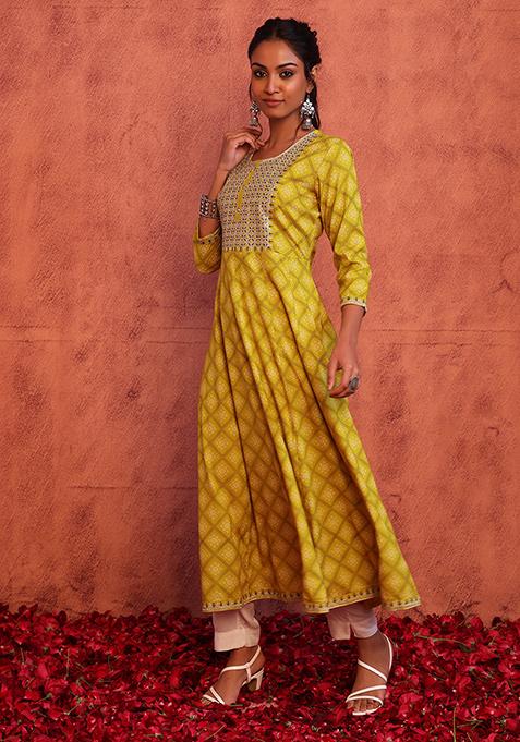 Mustard Bandhani Print Embroidered Rayon Anarkali Kurta 