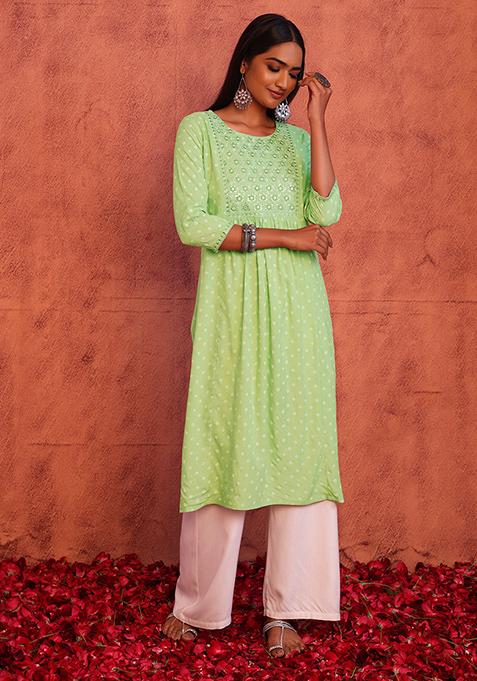 Sage Green Foil Print Embroidered Rayon Straight Kurta 