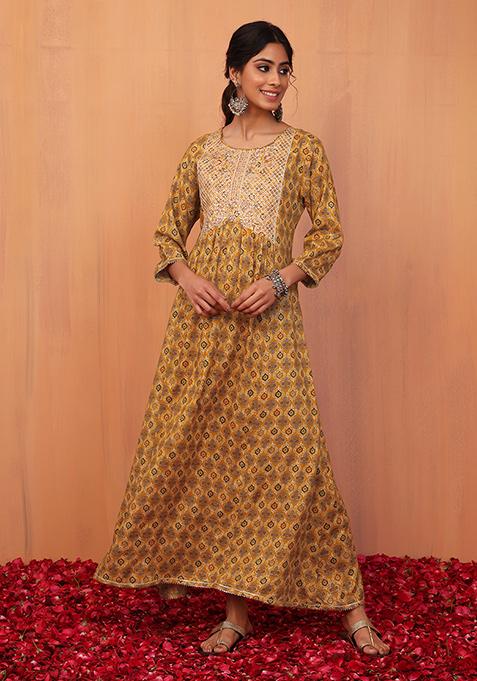 Mustard Floral Print Muslin Anarkali Kurta 