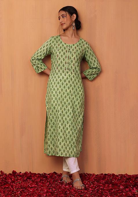 Pastel Green Floral Boota Print Embroidered Cotton Kurta 
