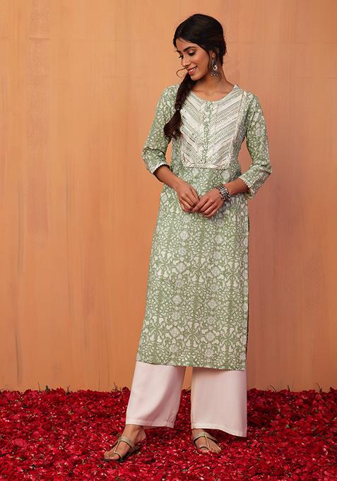 Pastel Green Floral Jaal Print Gota Detailed Cotton Straight Kurta 
